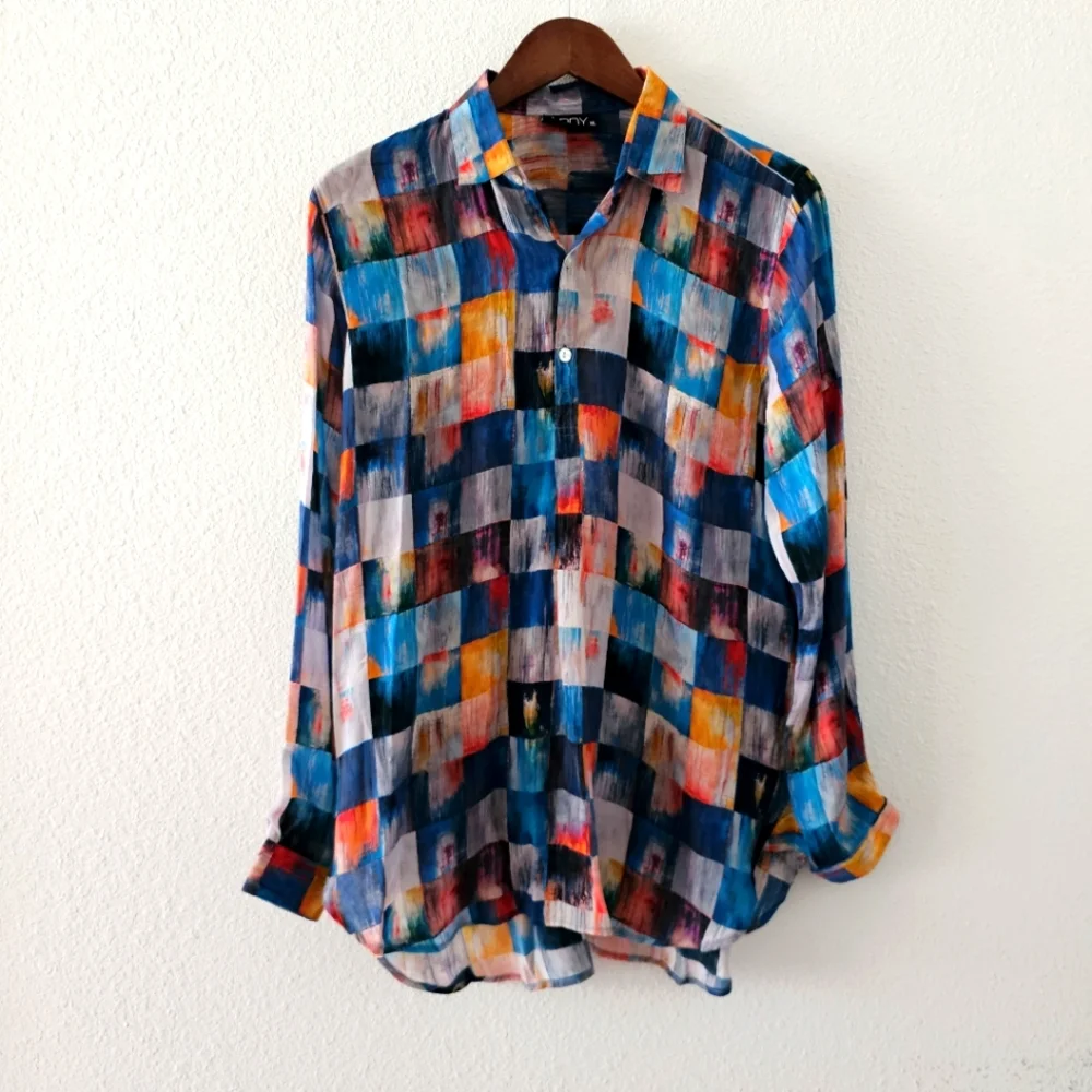 APNY tunic blouse size XL quarter button high low lightweight watercolor block - Picture 2 of 12